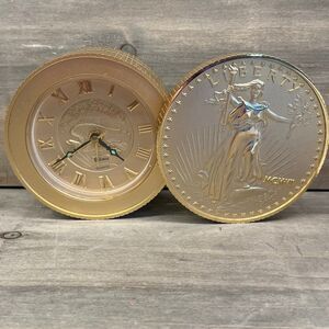 Vintage Walking Liberty Giant Coin Clock Retro Gold Tone Novelty Decor 4" WORKS!